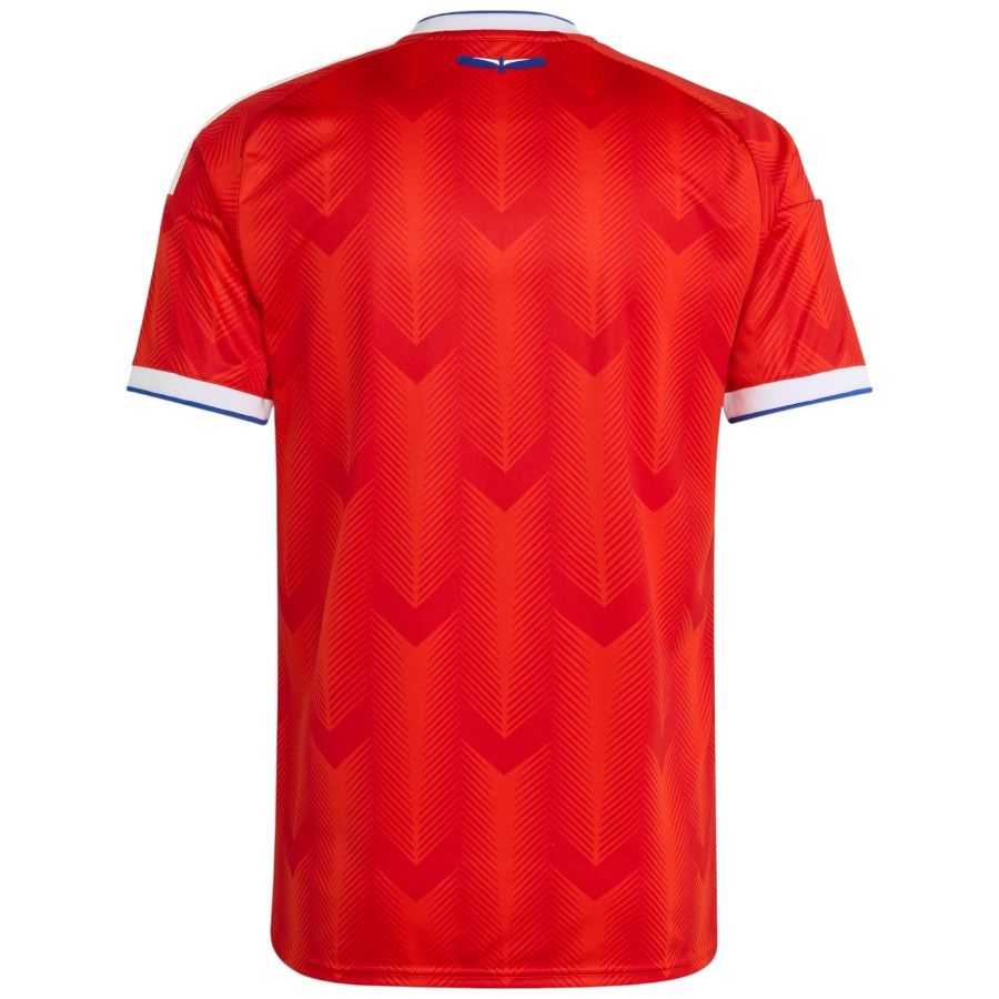 Red sports jersey with a geometric pattern on a white background